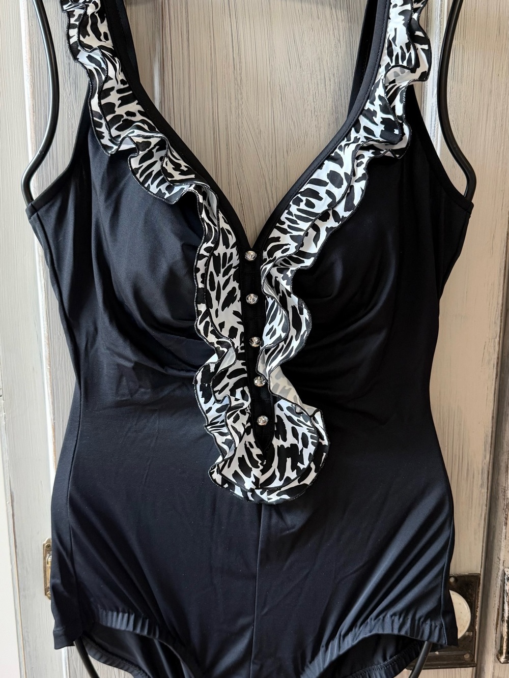 Maxine of Hollywood Black One-Piece Swimsuit with Black and White Ruffle Trim